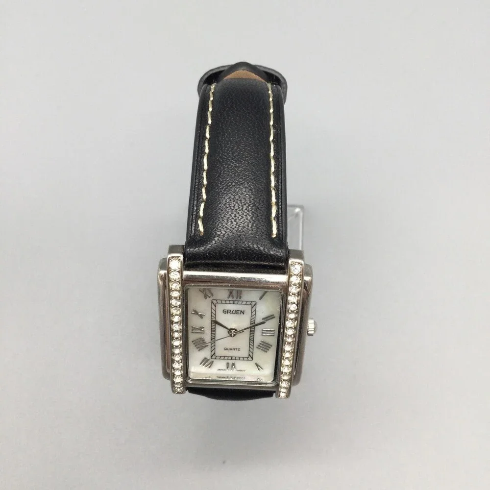 Gruen Womens Watch 28mm White Dial Crystal Bezel Black Leather New Battery
